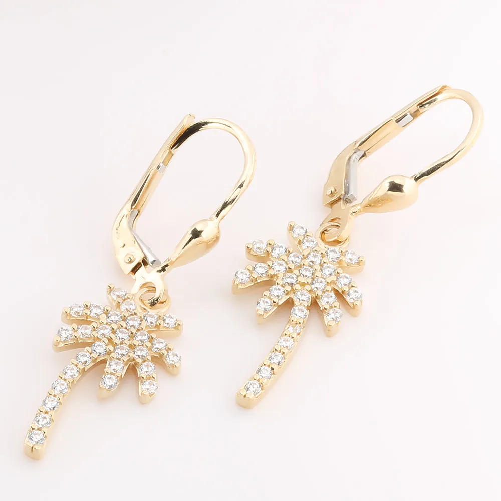 14K Yellow Gold Palm Tree Pave CZ Lever Back Earrings