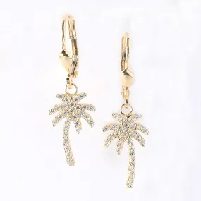 14K Yellow Gold Palm Tree Pave CZ Lever Back Earrings