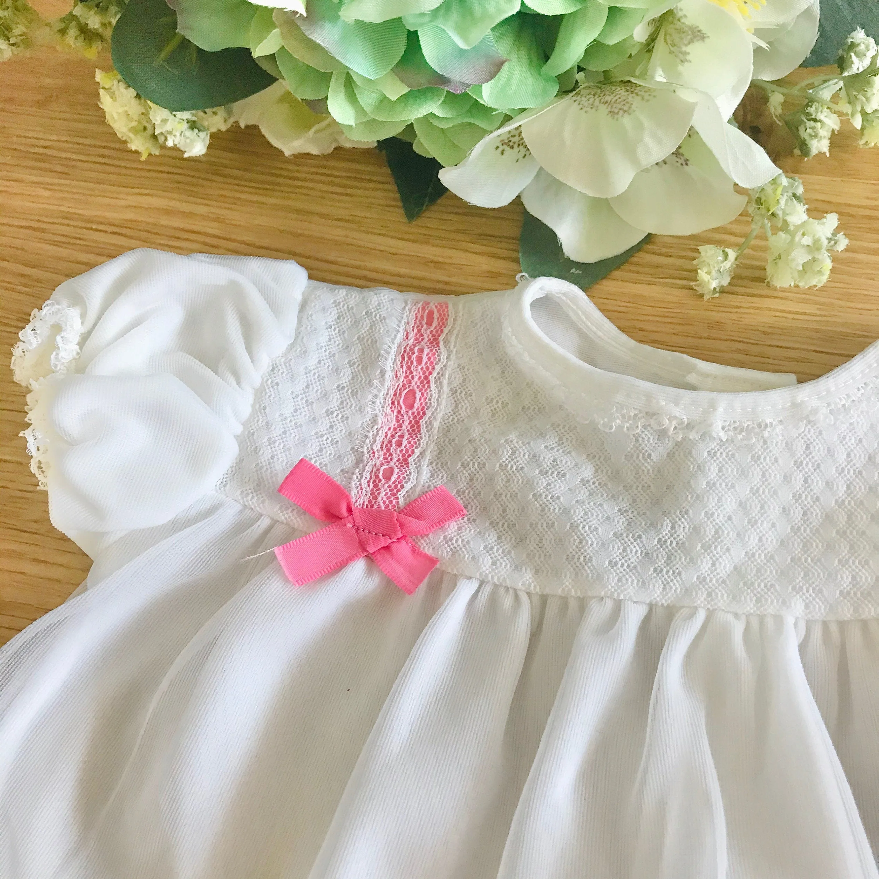 60's White/Pink Ribbons  Sheer Dress British Made 6-9 Months