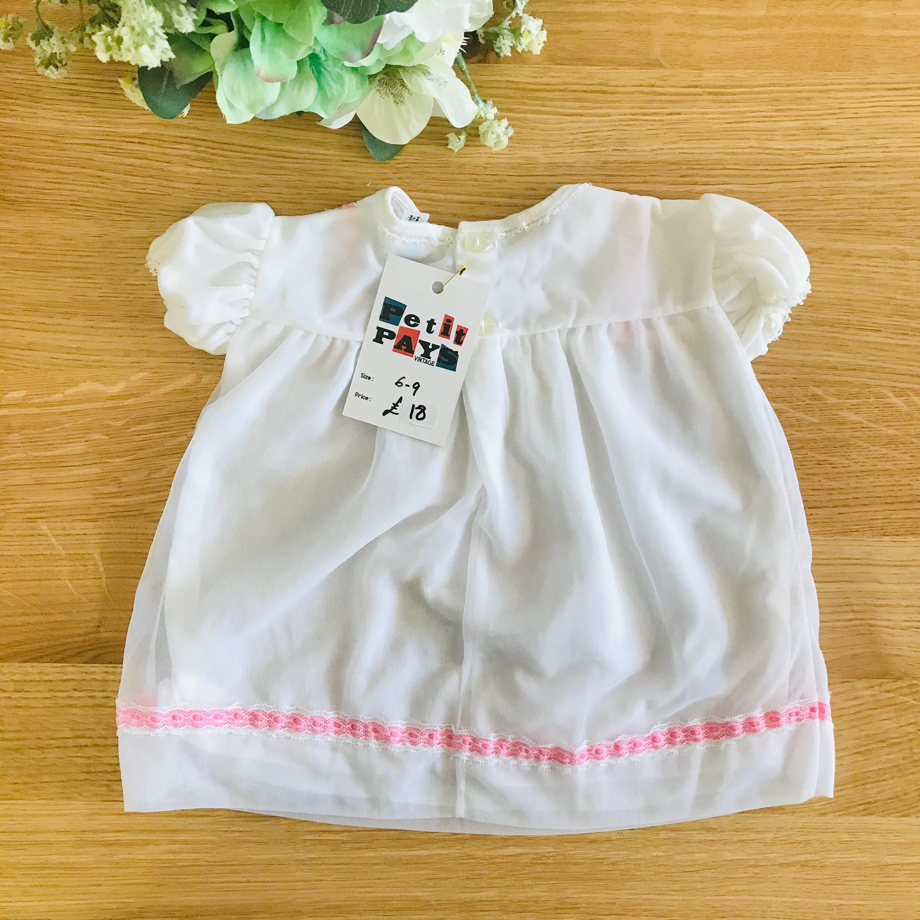 60's White/Pink Ribbons  Sheer Dress British Made 6-9 Months