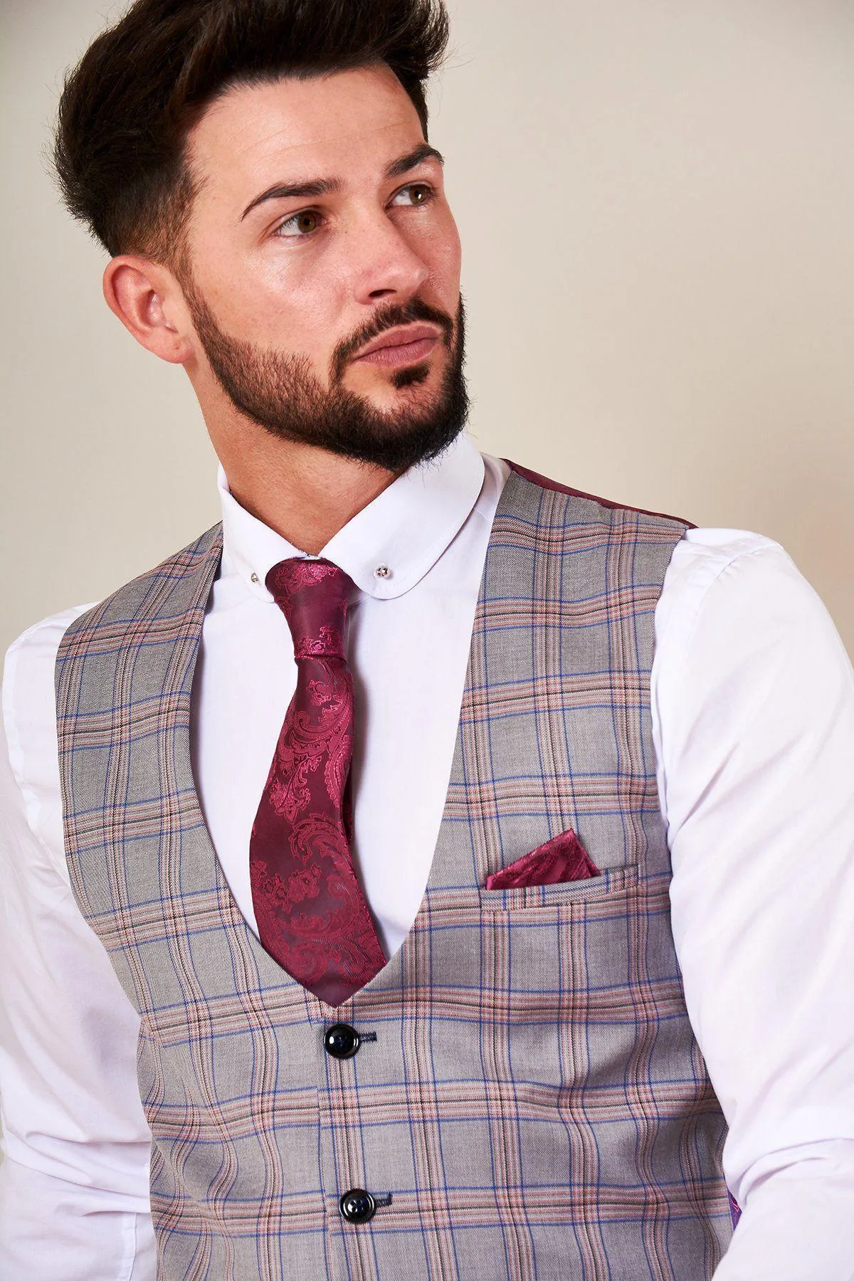 ALVIN - Grey Pink Check Single Breasted Waistcoat