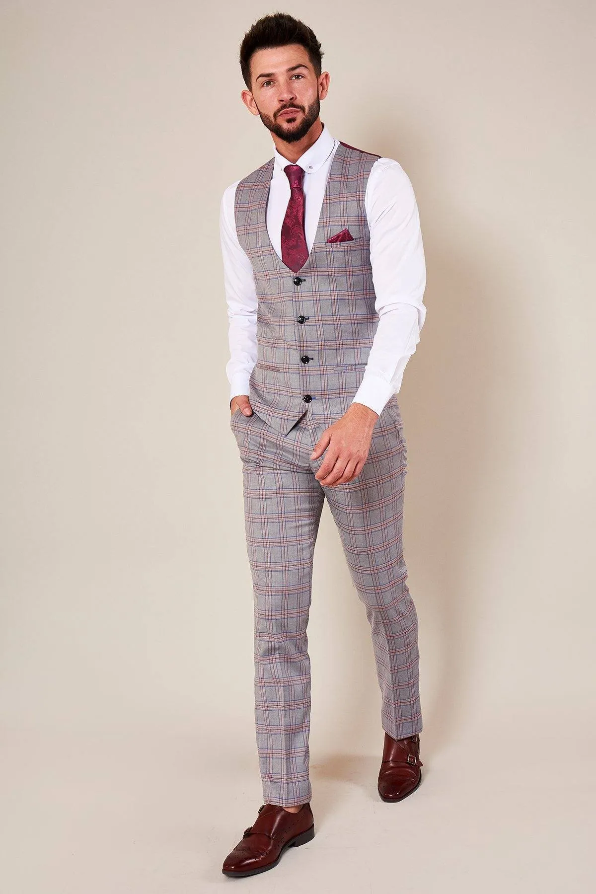 ALVIN - Grey Pink Check Single Breasted Waistcoat