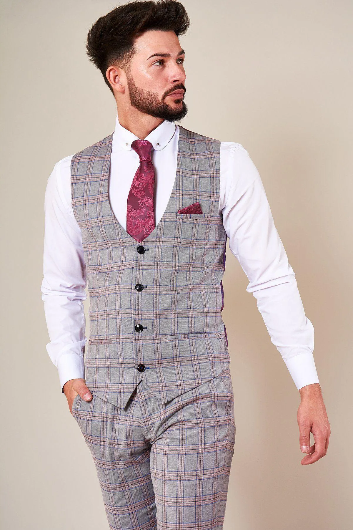 ALVIN - Grey Pink Check Single Breasted Waistcoat