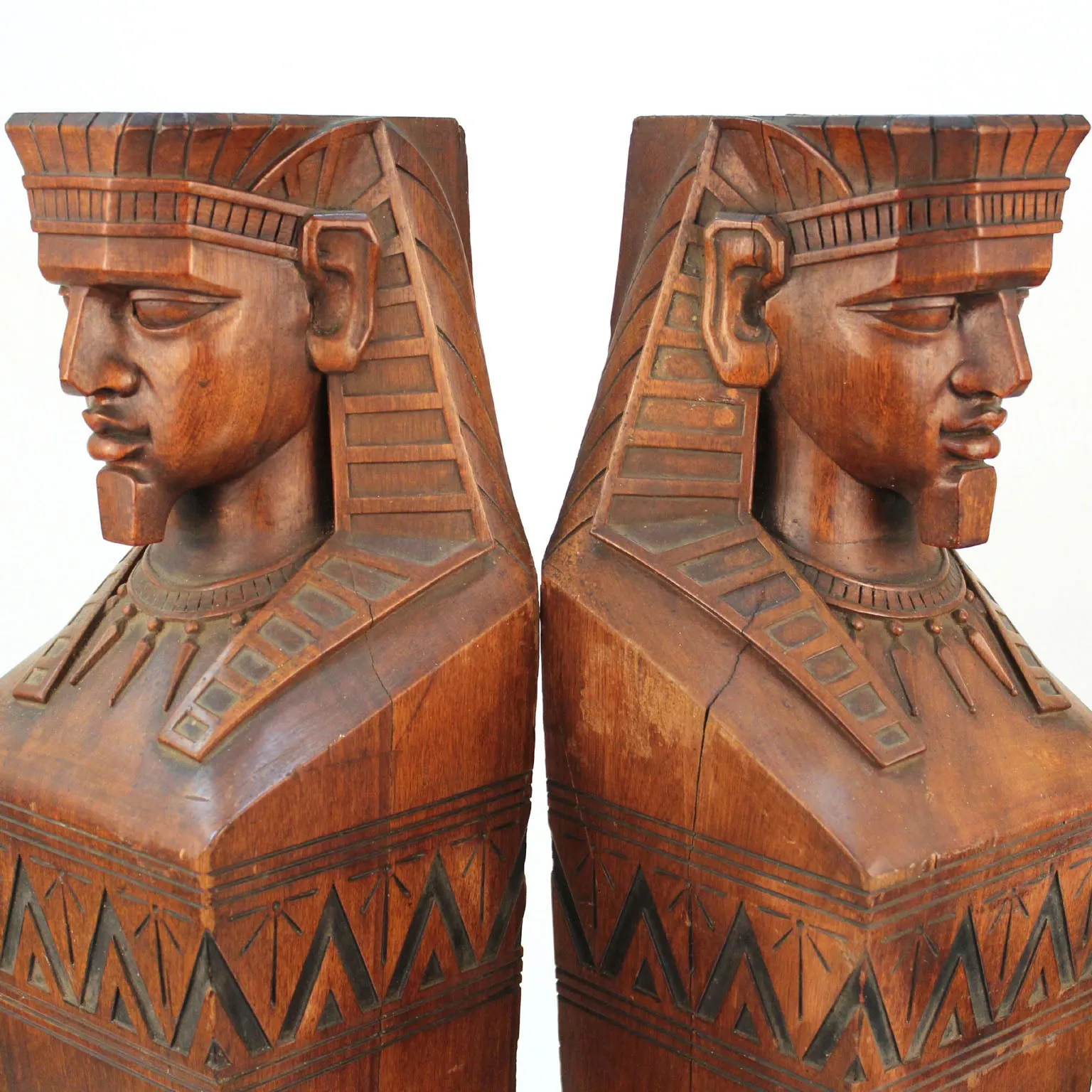 American Egyptian Revival Carved Wood Pair of Pharaoh Caryatids