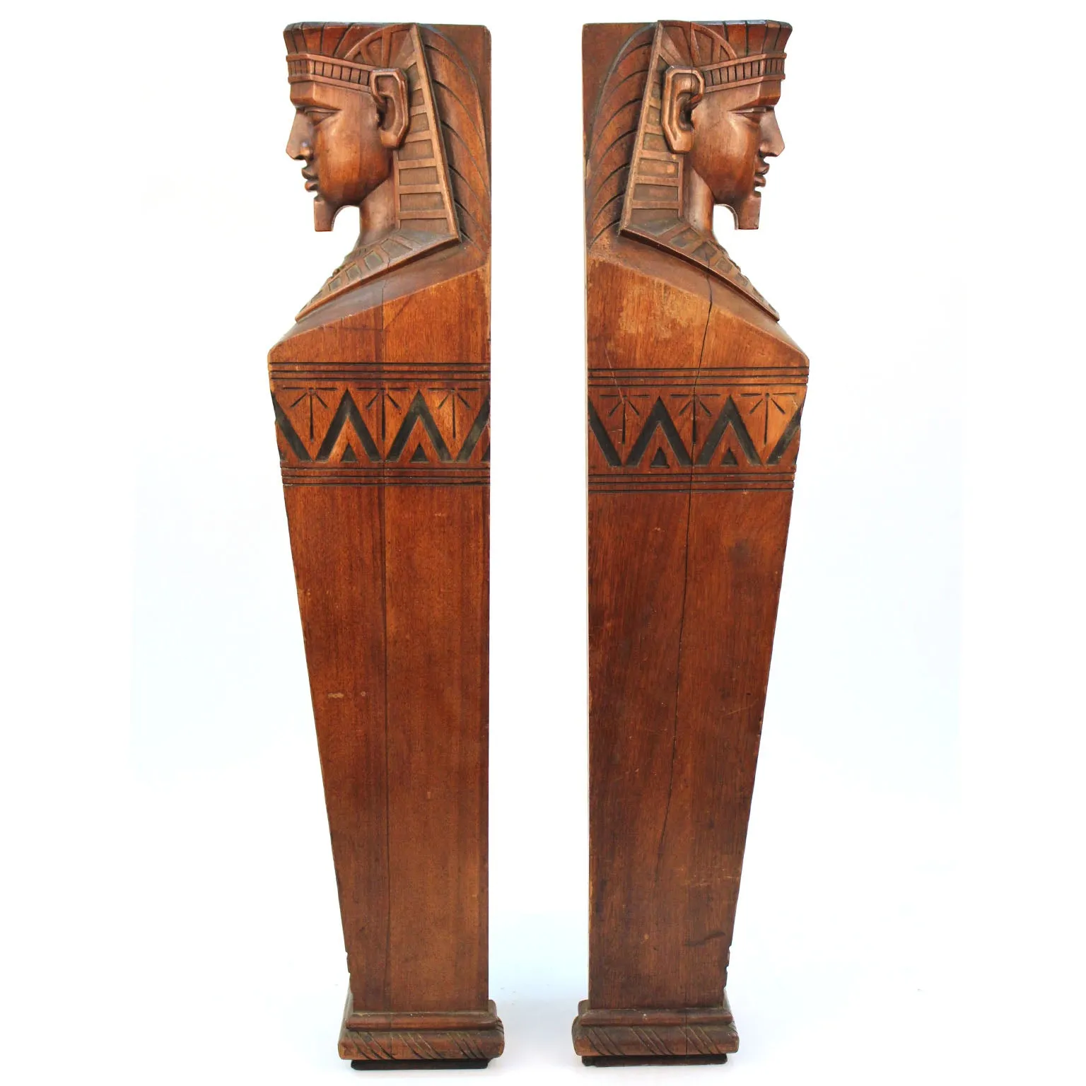 American Egyptian Revival Carved Wood Pair of Pharaoh Caryatids