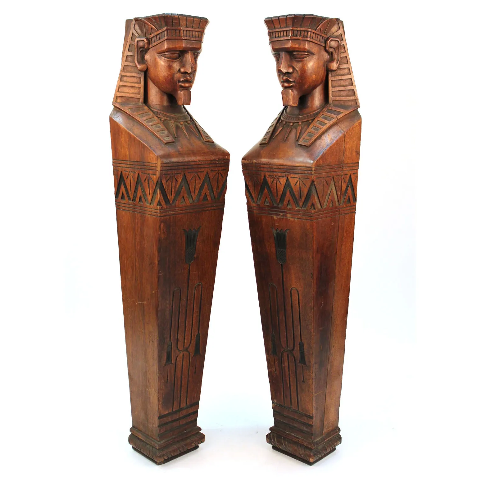 American Egyptian Revival Carved Wood Pair of Pharaoh Caryatids