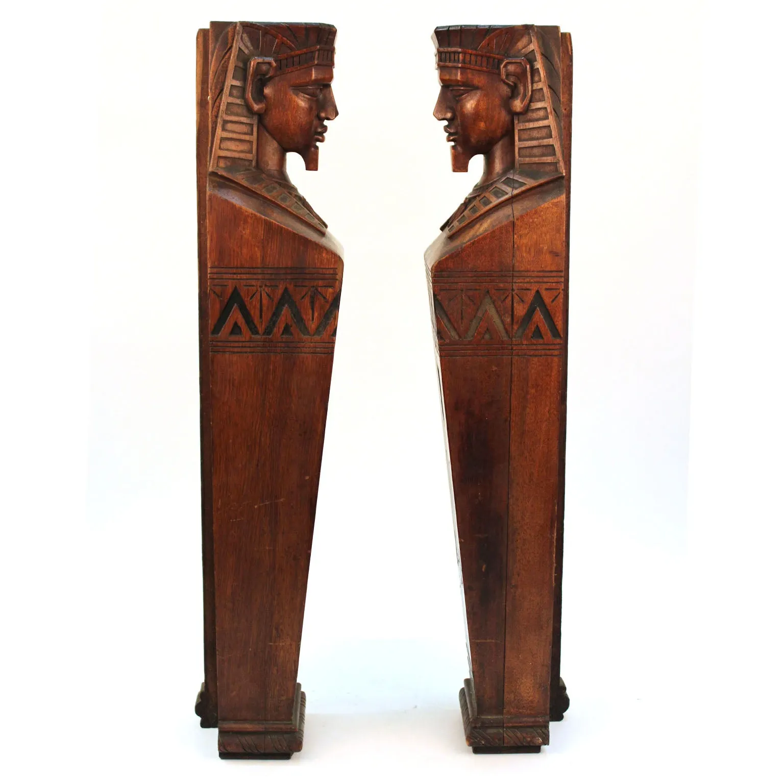 American Egyptian Revival Carved Wood Pair of Pharaoh Caryatids