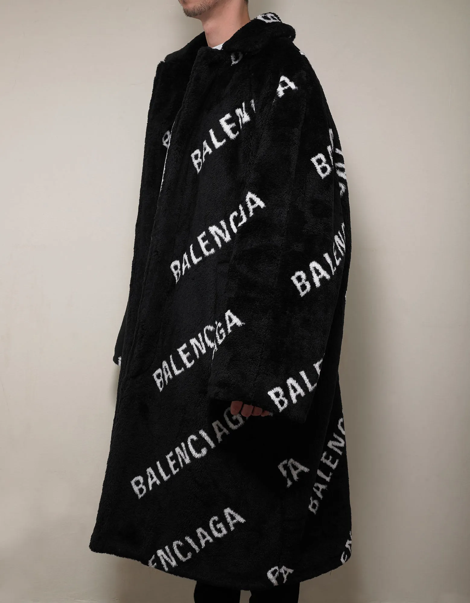 Balenciaga Logo Oversized Faux Fur Coat