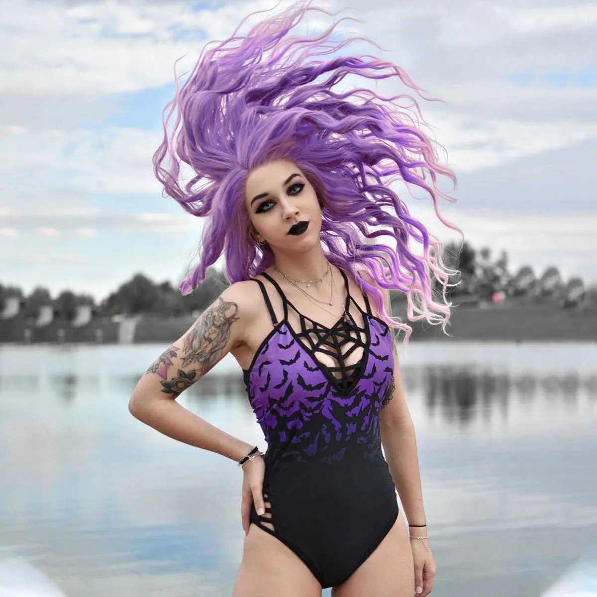 Bats in Purple Sky One Piece Swimsuit