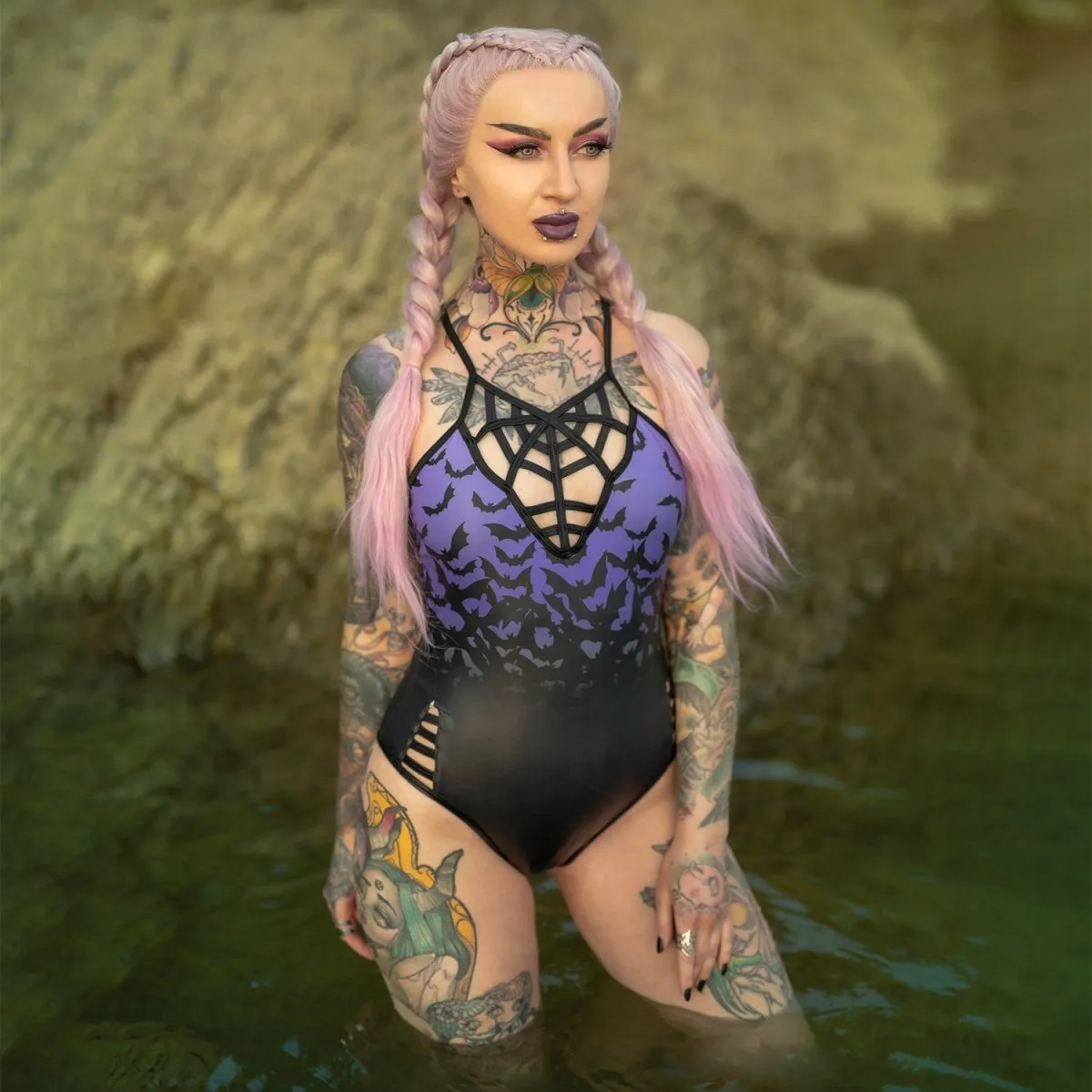 Bats in Purple Sky One Piece Swimsuit