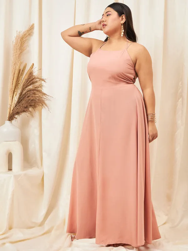 Berrylush Curve Women Solid Light Pink Square Neck Sleeveless Crepe Caged Back Tie-Up Flared Maxi Dress