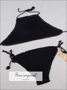 Black Crochet Bikinis Sets Handmade Knitted Cotton Swimwear Swimsuit top   bottom