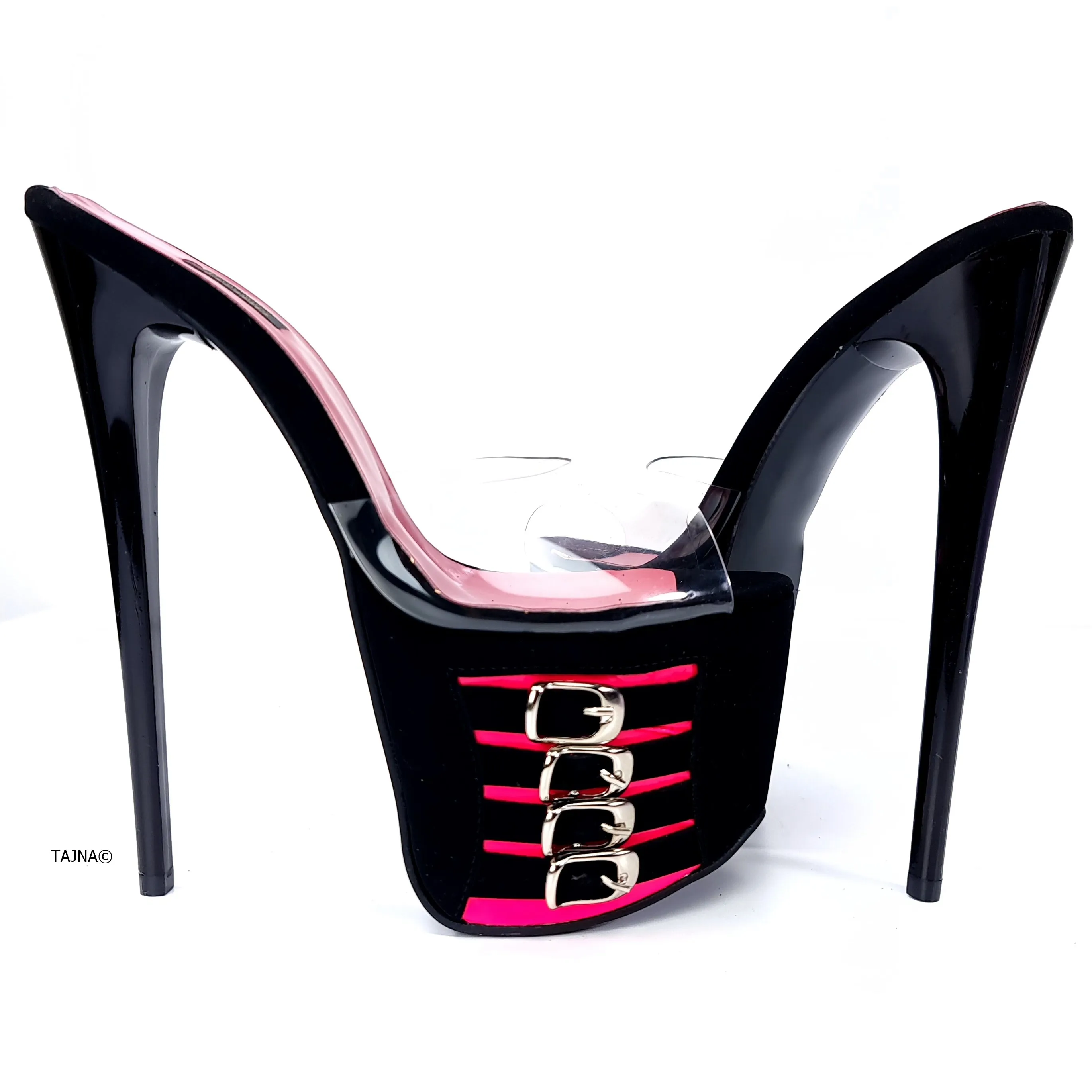 Black Pink Belt Detail Transparent Strap Mules