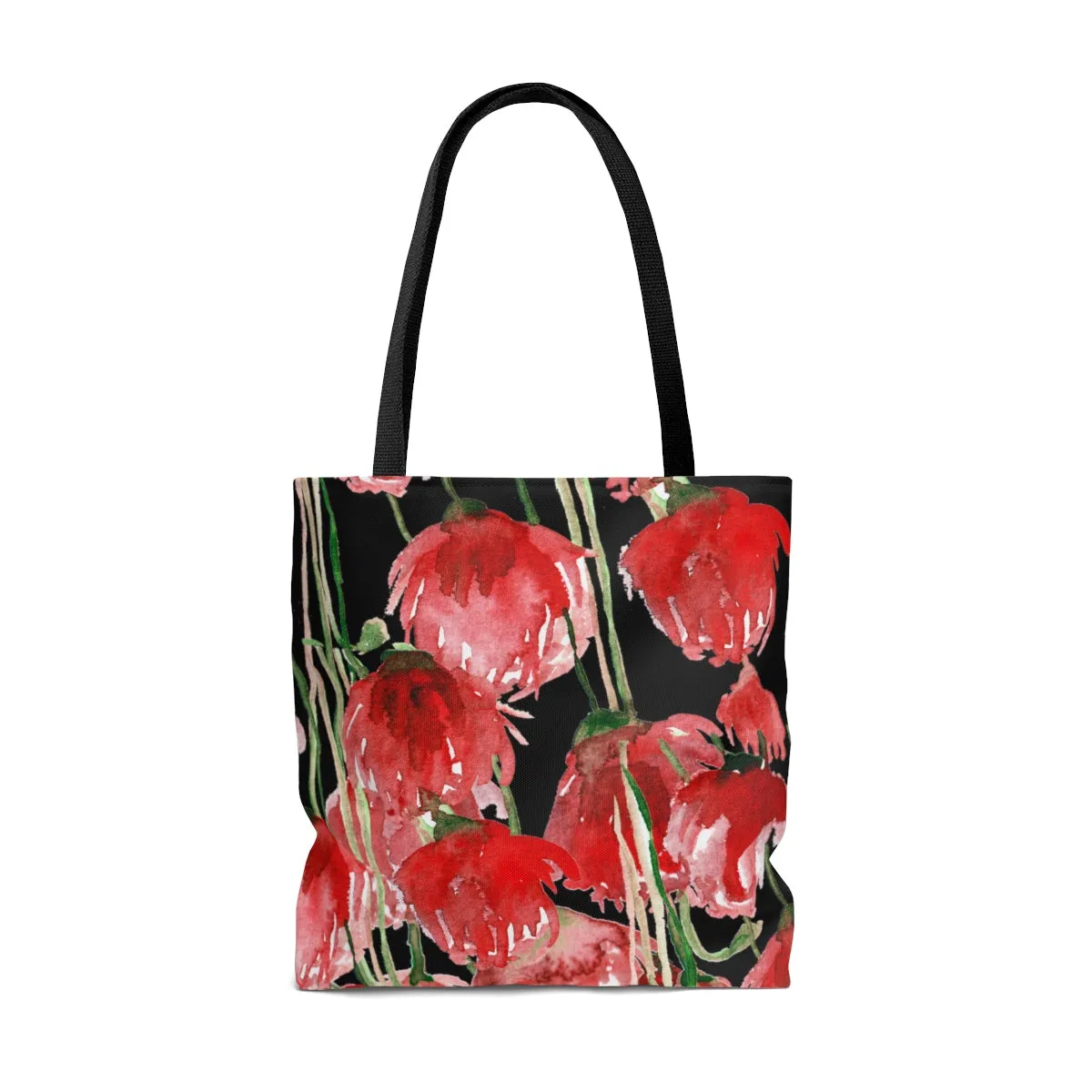 Black Red Tulips Tote Bag, Seattle Pacific Northwest Red Tulip Flower Floral Designer Tote Bag - Made in USA