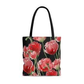 Black Red Tulips Tote Bag, Seattle Pacific Northwest Red Tulip Flower Floral Designer Tote Bag - Made in USA