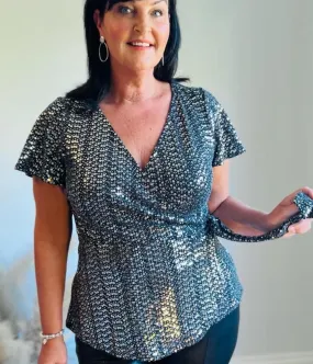 Black Sequin Wrap Top