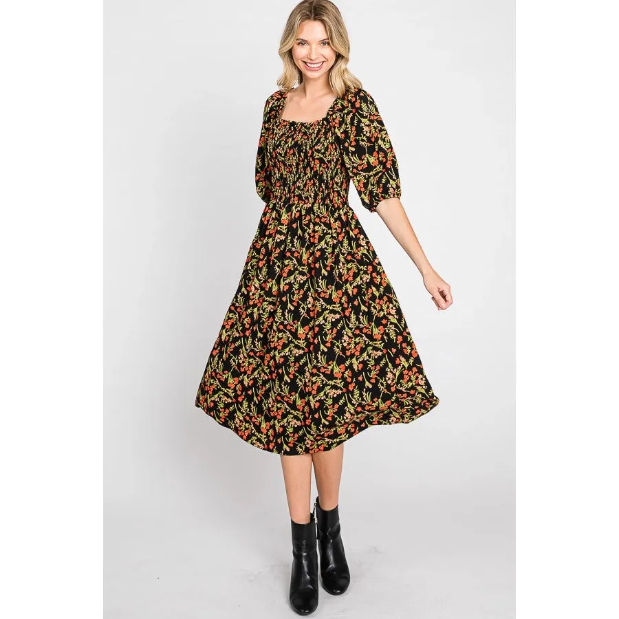 BLACK SMOCKED FLORAL PRINT MIDI DRESS WITH POCKETS