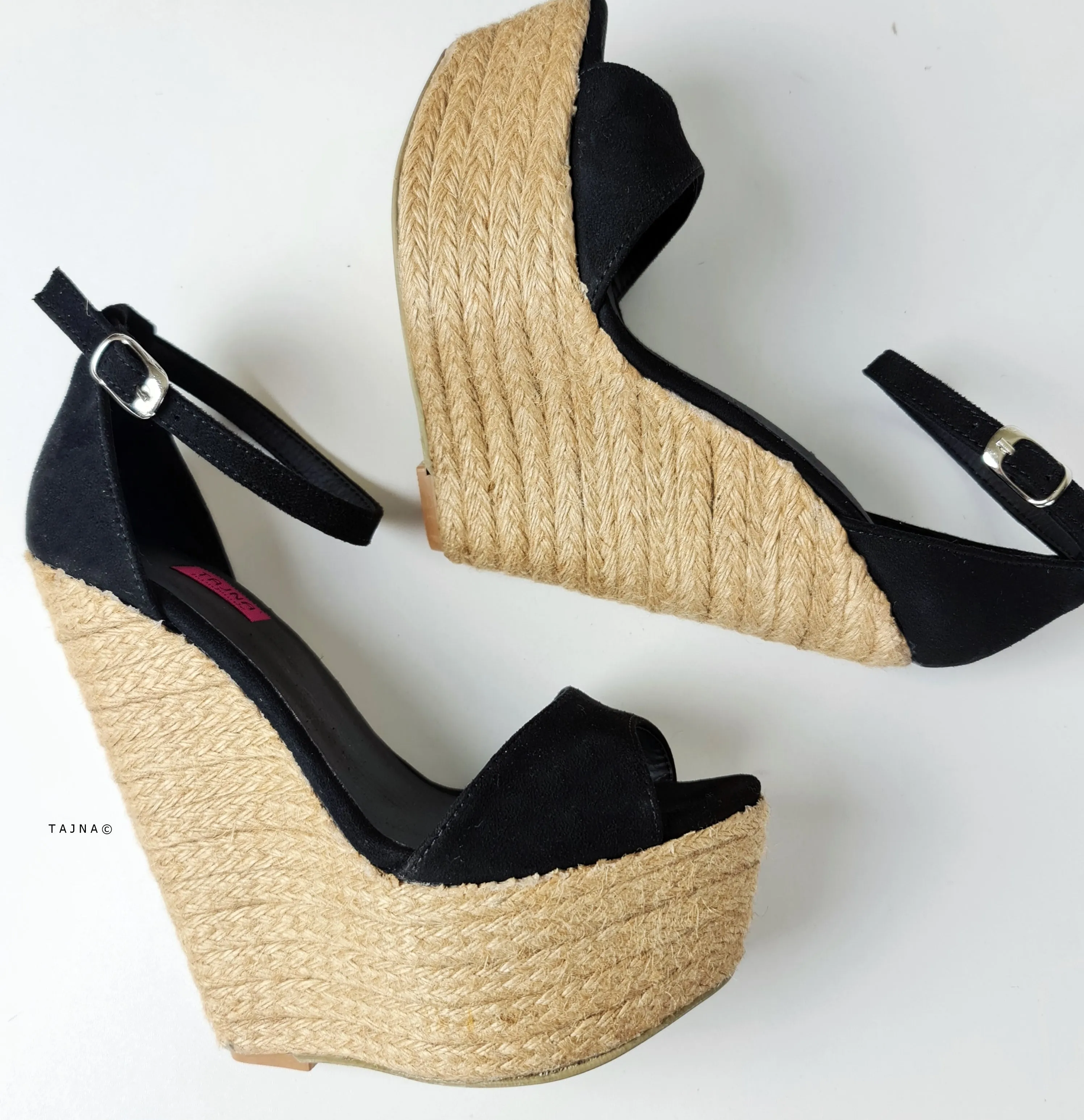 Black Suede Ankle Strap Wedge Sandals