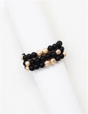 Black Wood and Gold Textured Beaded Bracelet Set