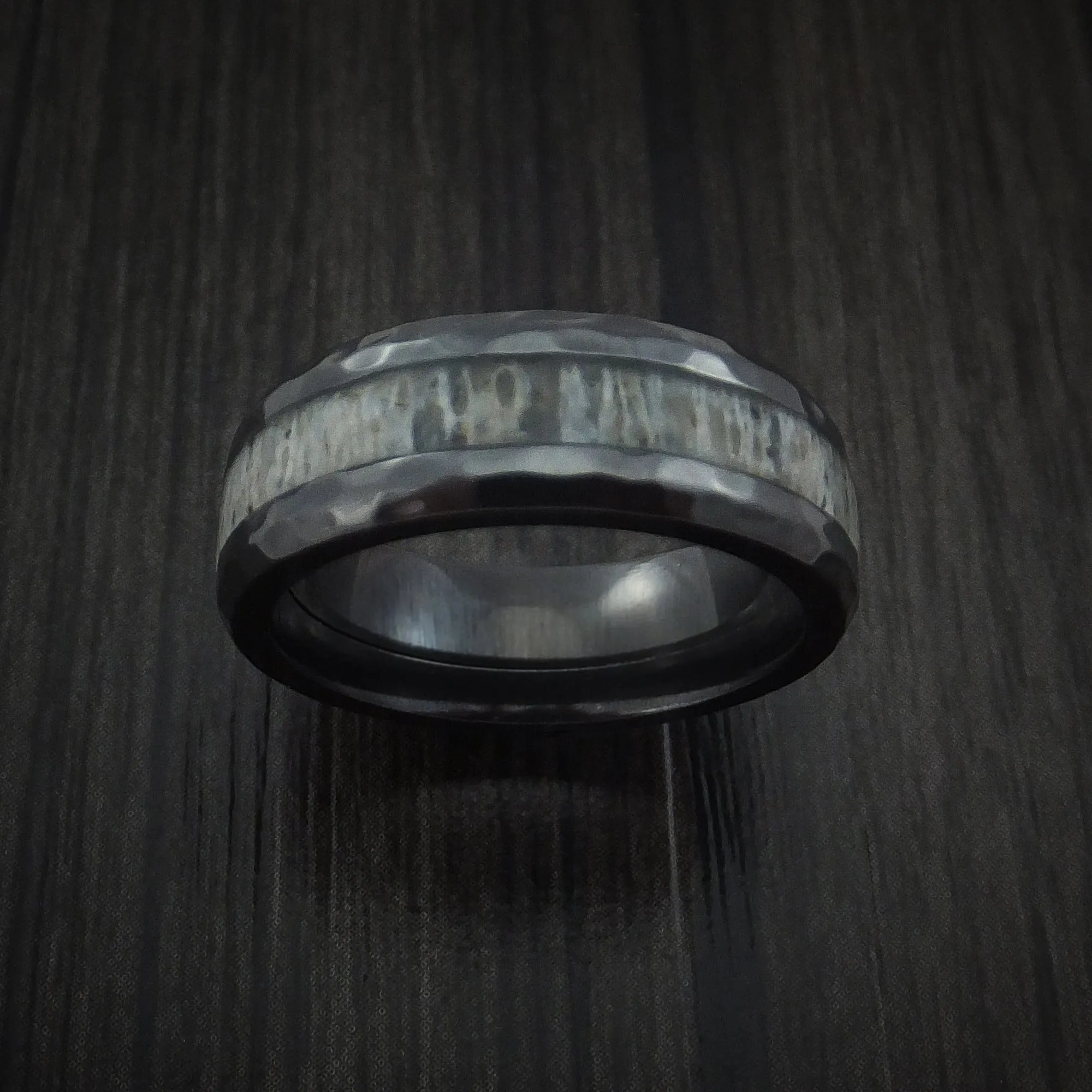 Black Zirconium and Antler Hammered Men's Ring Custom Made Band