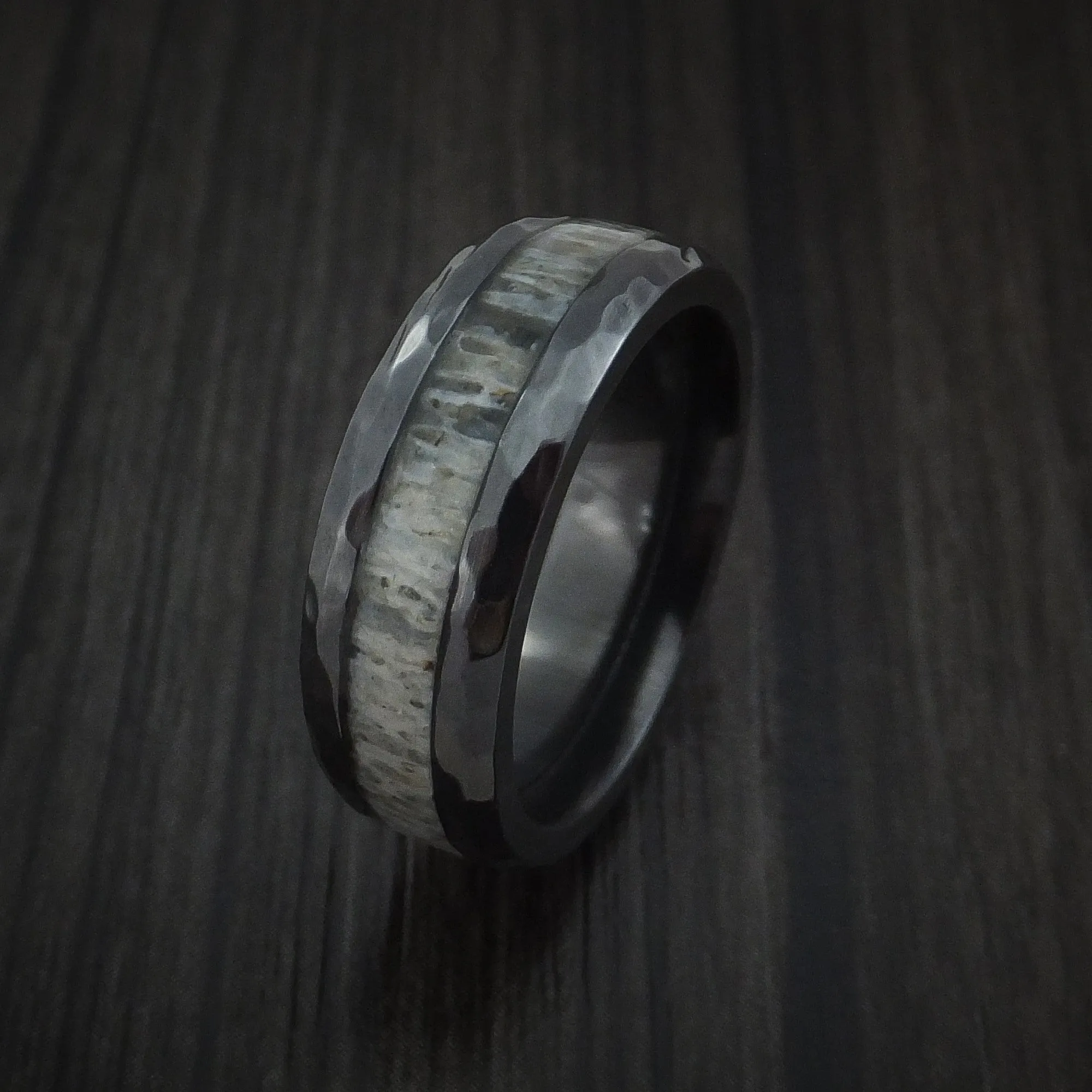 Black Zirconium and Antler Hammered Men's Ring Custom Made Band