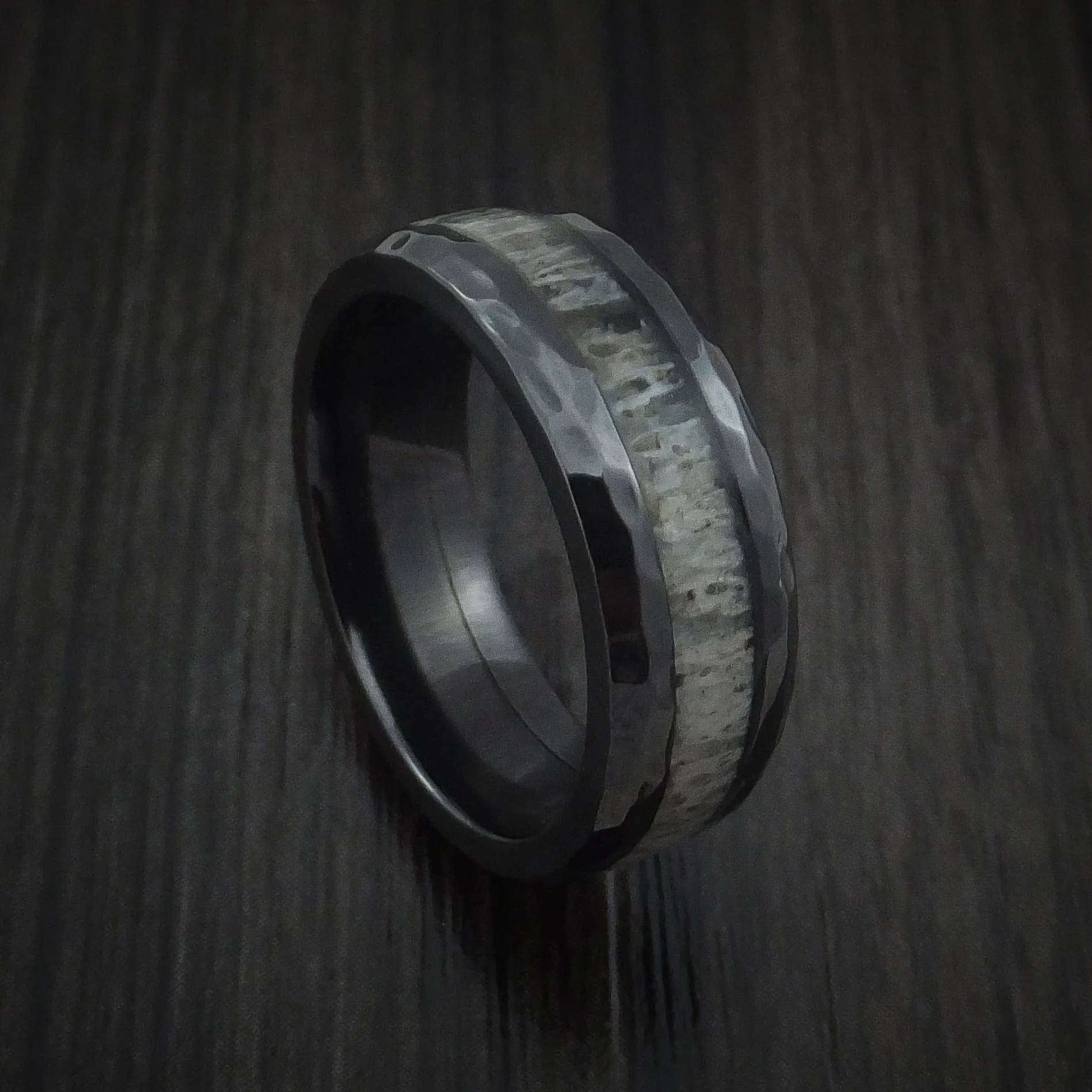 Black Zirconium and Antler Hammered Men's Ring Custom Made Band