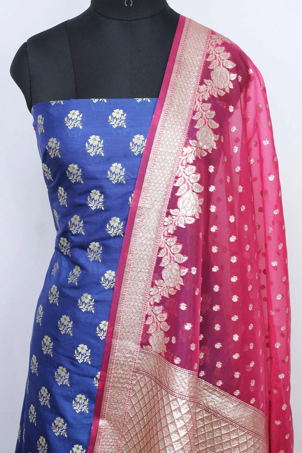 Blue Banarasi Silk Suit With Pink Banarasi Organza Dupatta