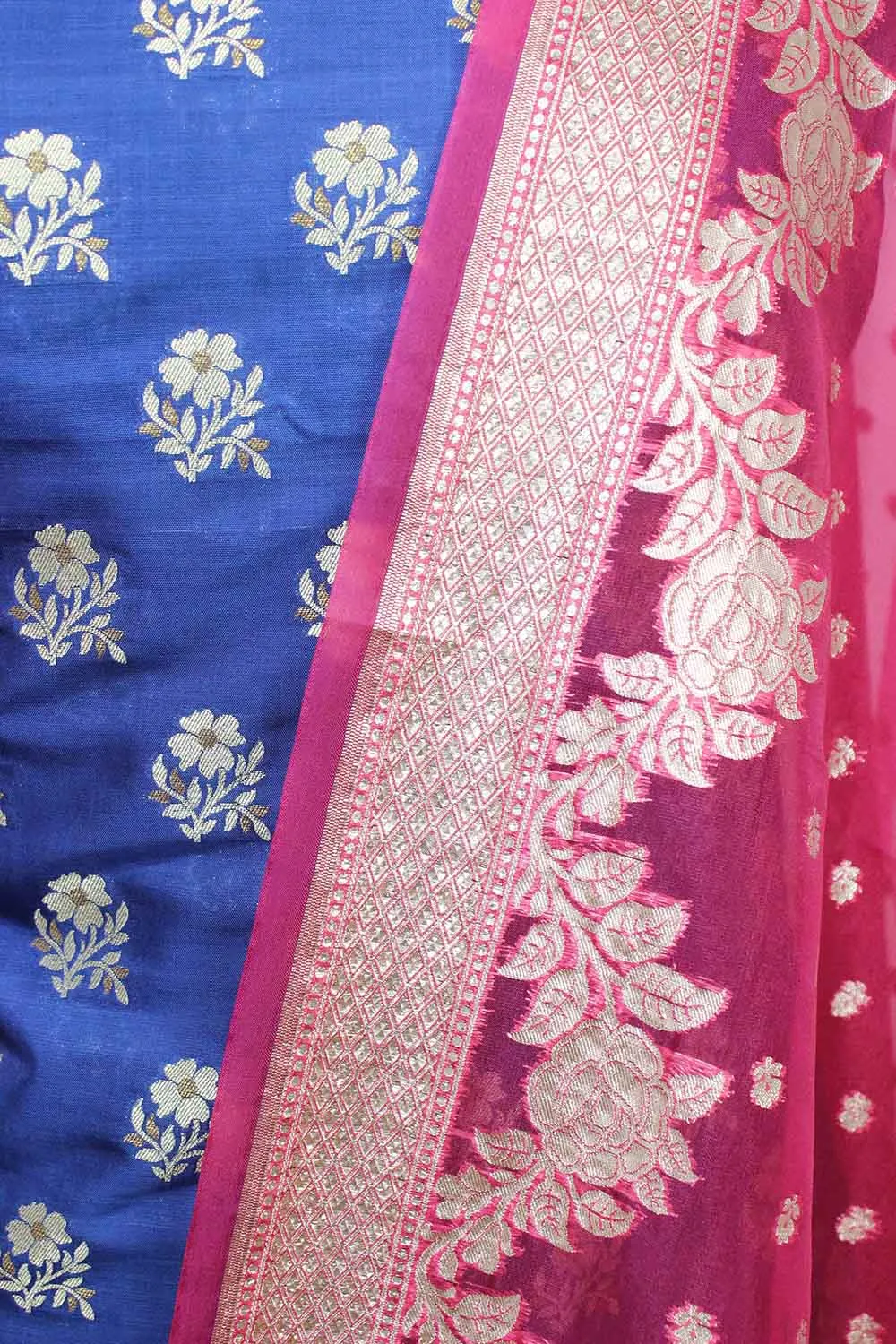 Blue Banarasi Silk Suit With Pink Banarasi Organza Dupatta