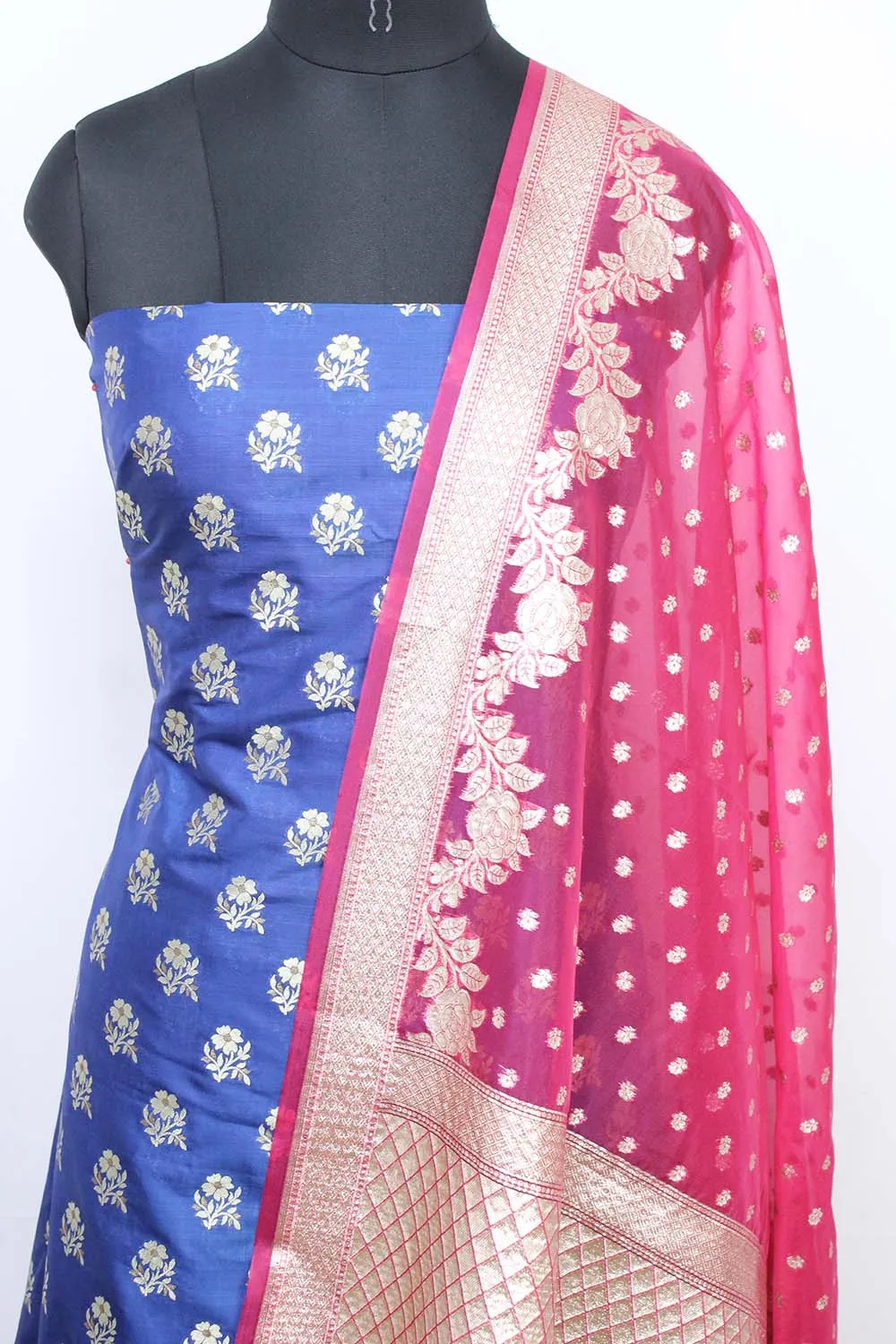 Blue Banarasi Silk Suit With Pink Banarasi Organza Dupatta