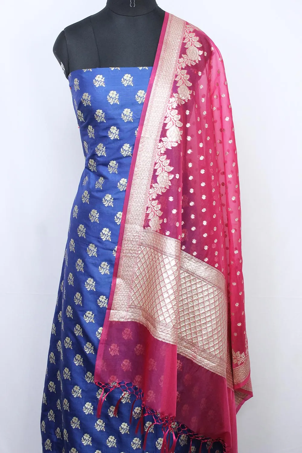 Blue Banarasi Silk Suit With Pink Banarasi Organza Dupatta