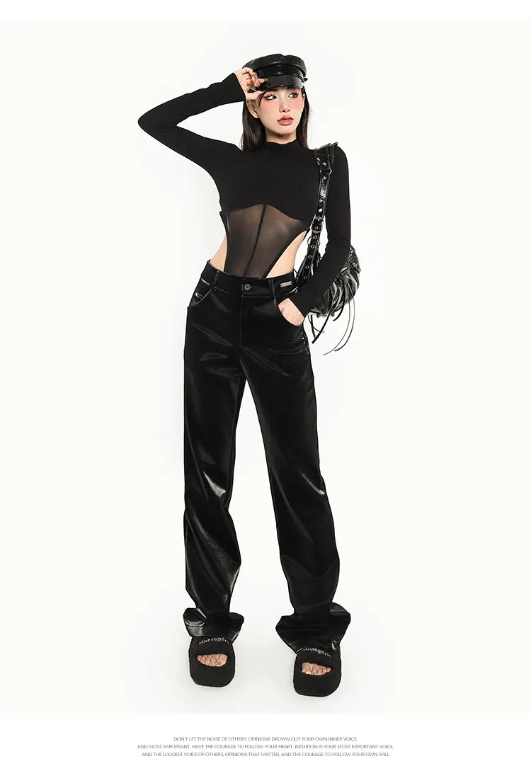 Camryn Solid Color Black Mesh Patchwork Long Sleeve Bodysuit Top