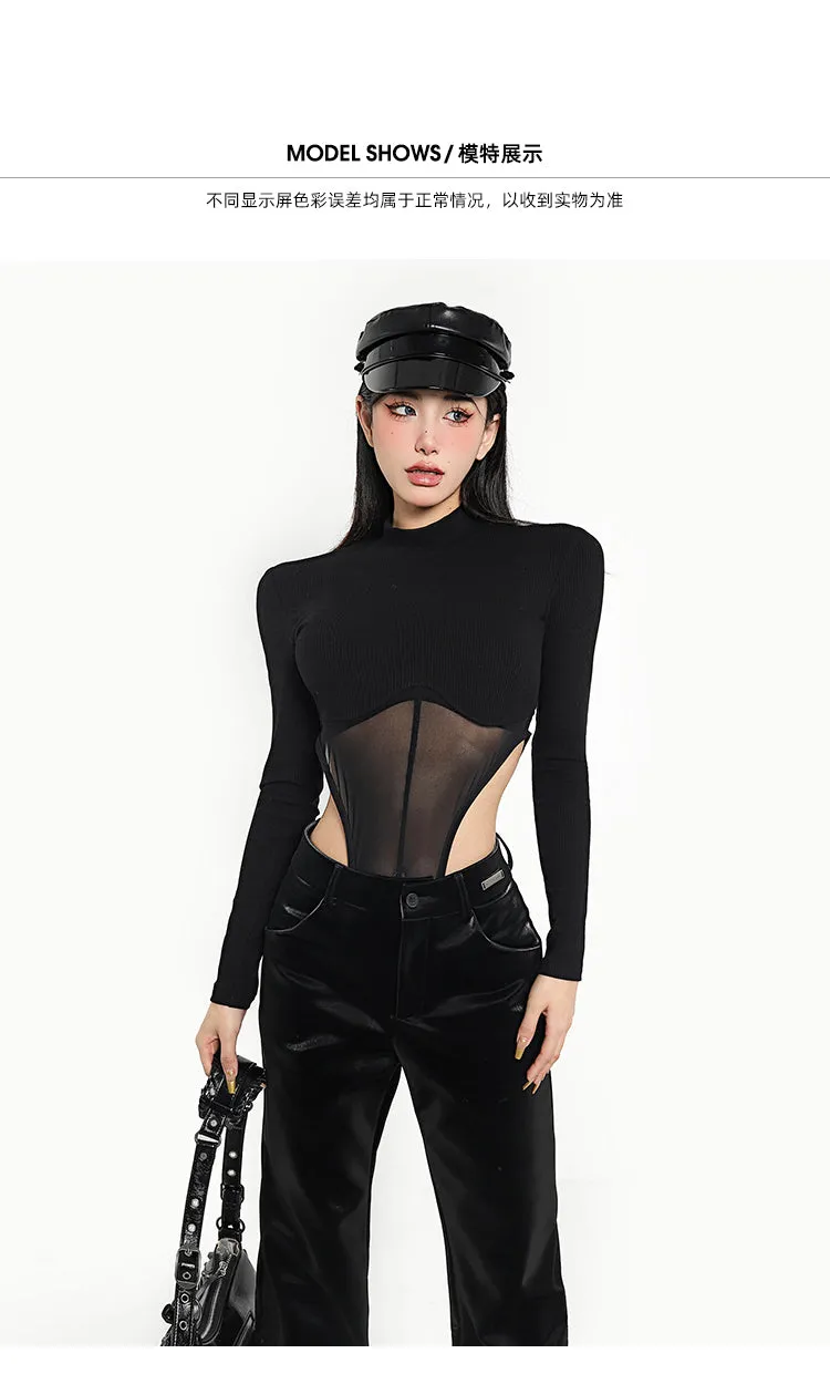 Camryn Solid Color Black Mesh Patchwork Long Sleeve Bodysuit Top