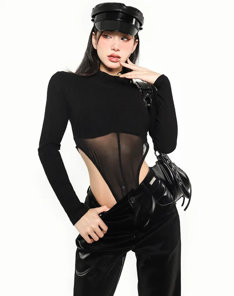 Camryn Solid Color Black Mesh Patchwork Long Sleeve Bodysuit Top