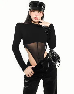 Camryn Solid Color Black Mesh Patchwork Long Sleeve Bodysuit Top