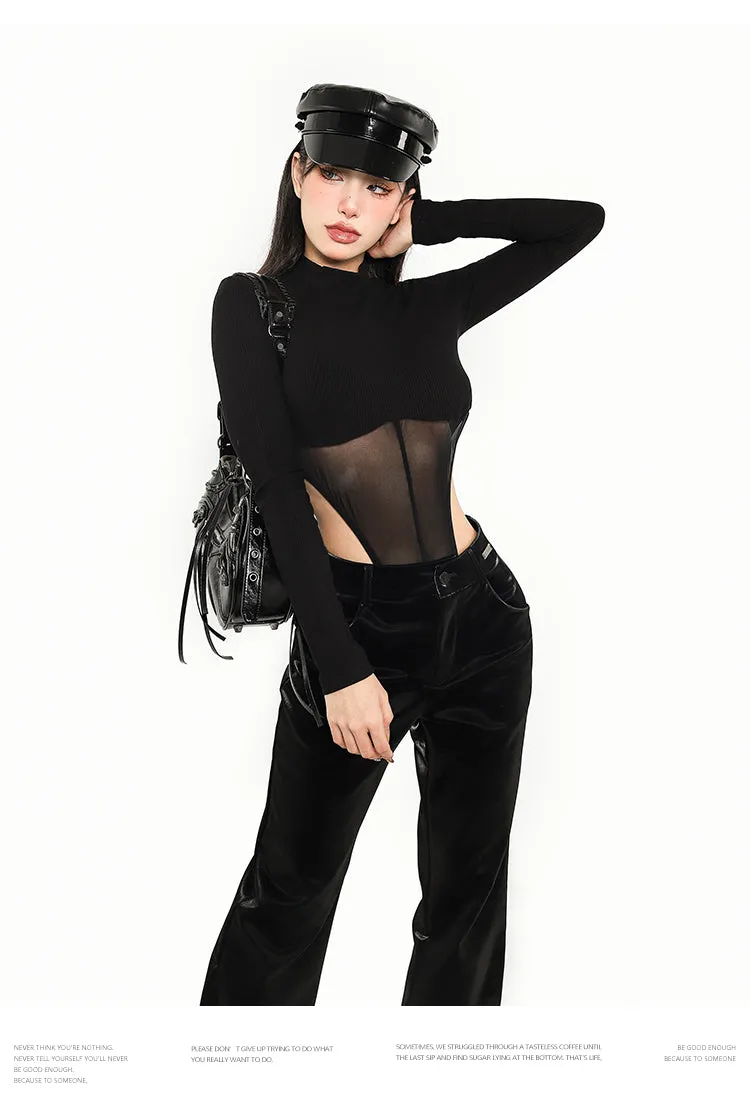 Camryn Solid Color Black Mesh Patchwork Long Sleeve Bodysuit Top