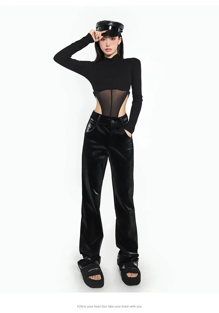 Camryn Solid Color Black Mesh Patchwork Long Sleeve Bodysuit Top