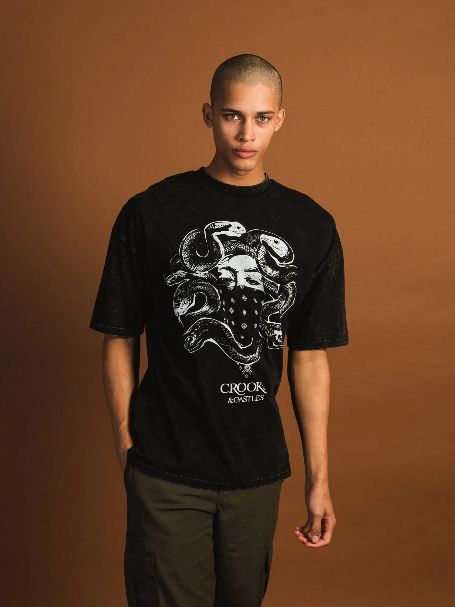 CROOKS & CASTLES NEW MEDUSA ACID WASH T-SHIRT