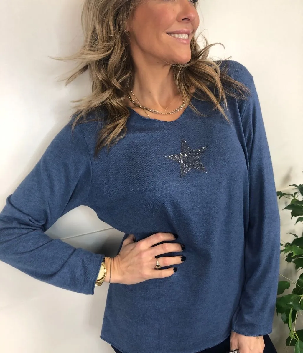 Denim Diamante Star Lightweight Jumper