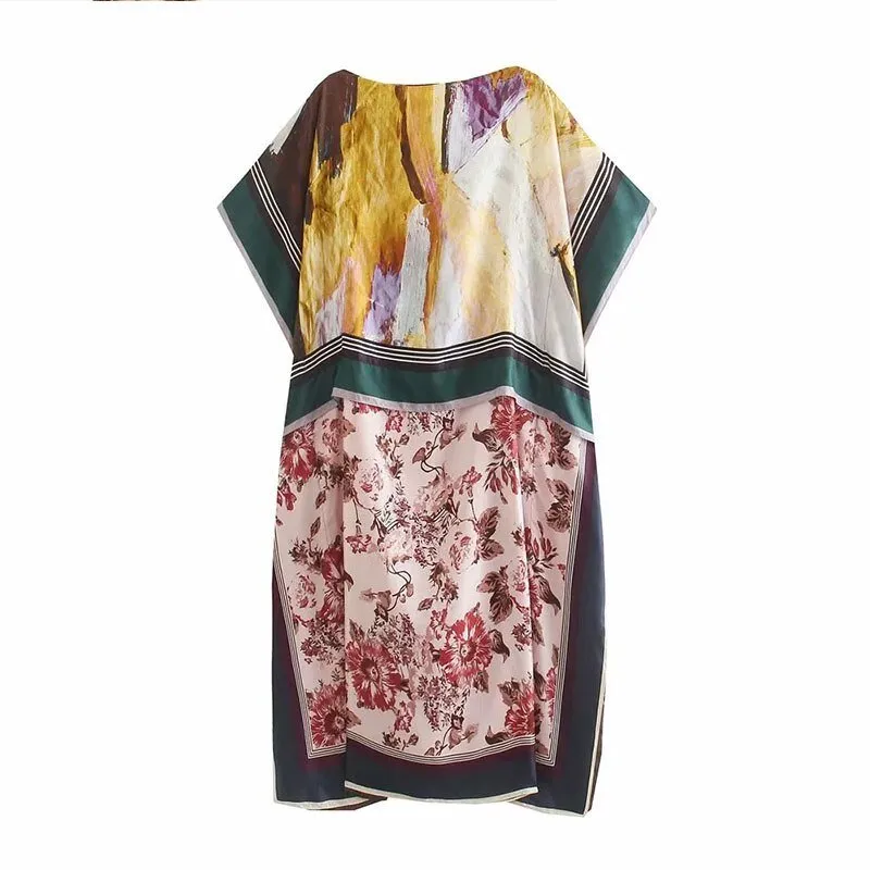 Dress Women Chic Fashion With  Floral Print Imitate Silk Dress Vintage Three Quarter Sleeve Female Dresses