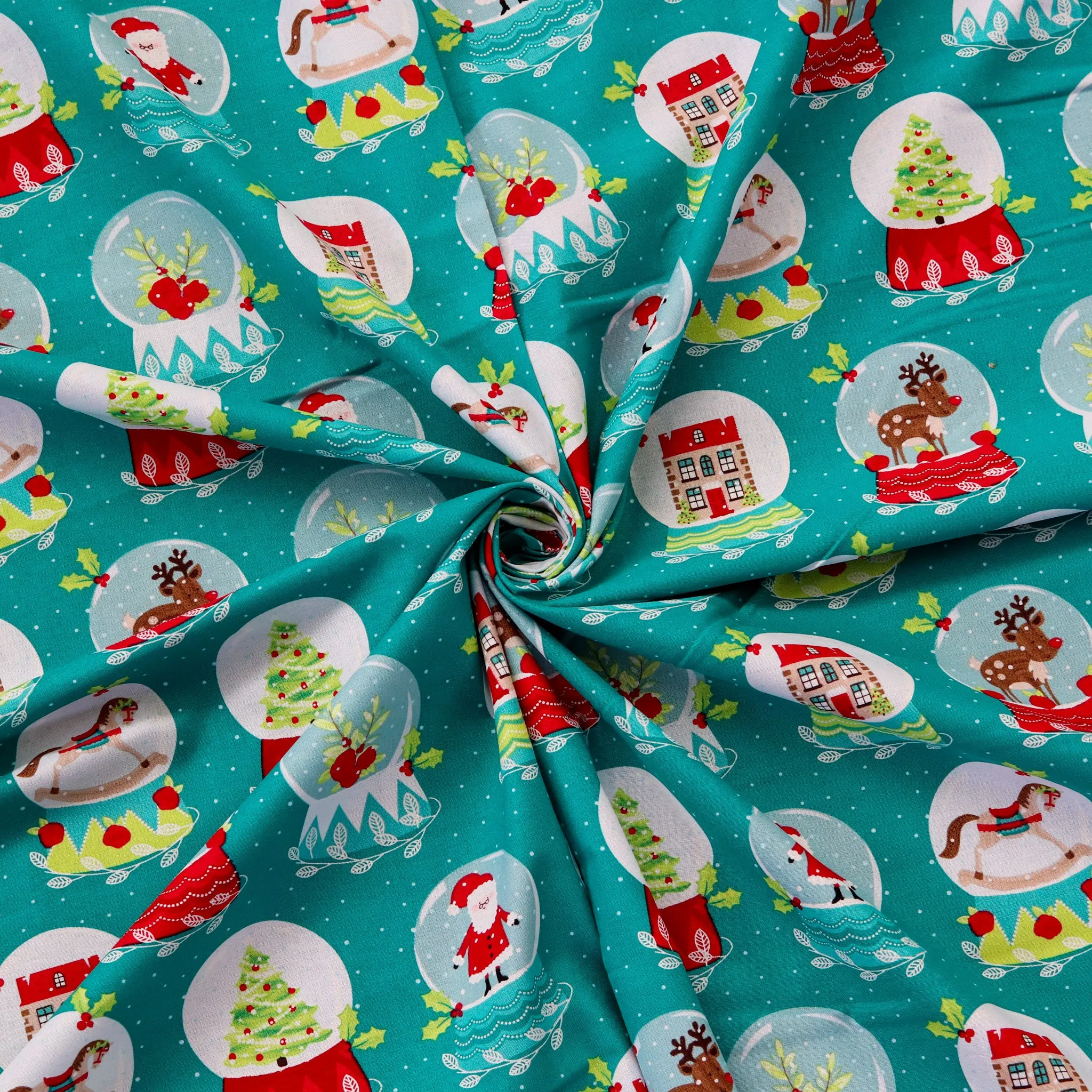 FS1162 Christmas Santa Snowglobes Cotton Fabric Green