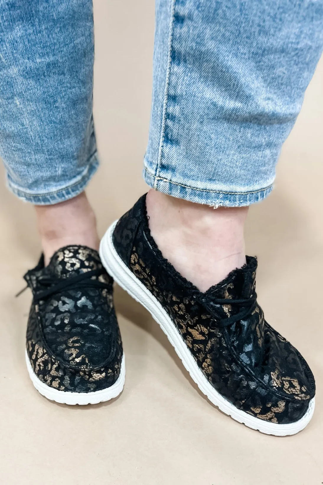 Golden Girls- Black & Gold Foil Leopard Print Flats w/ Fuzzy Lining