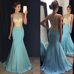 Gorgeous Beaded Halter Light Blue Satin Prom Dresses Mermaid