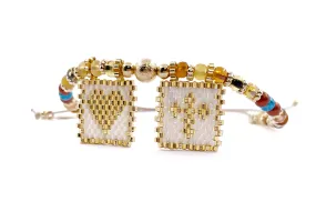 Handwoven Religious Scapular Heart & Cross Duo Adjustable Spring Bracelet for Faithful Women with Colorful Glass Seed Beads