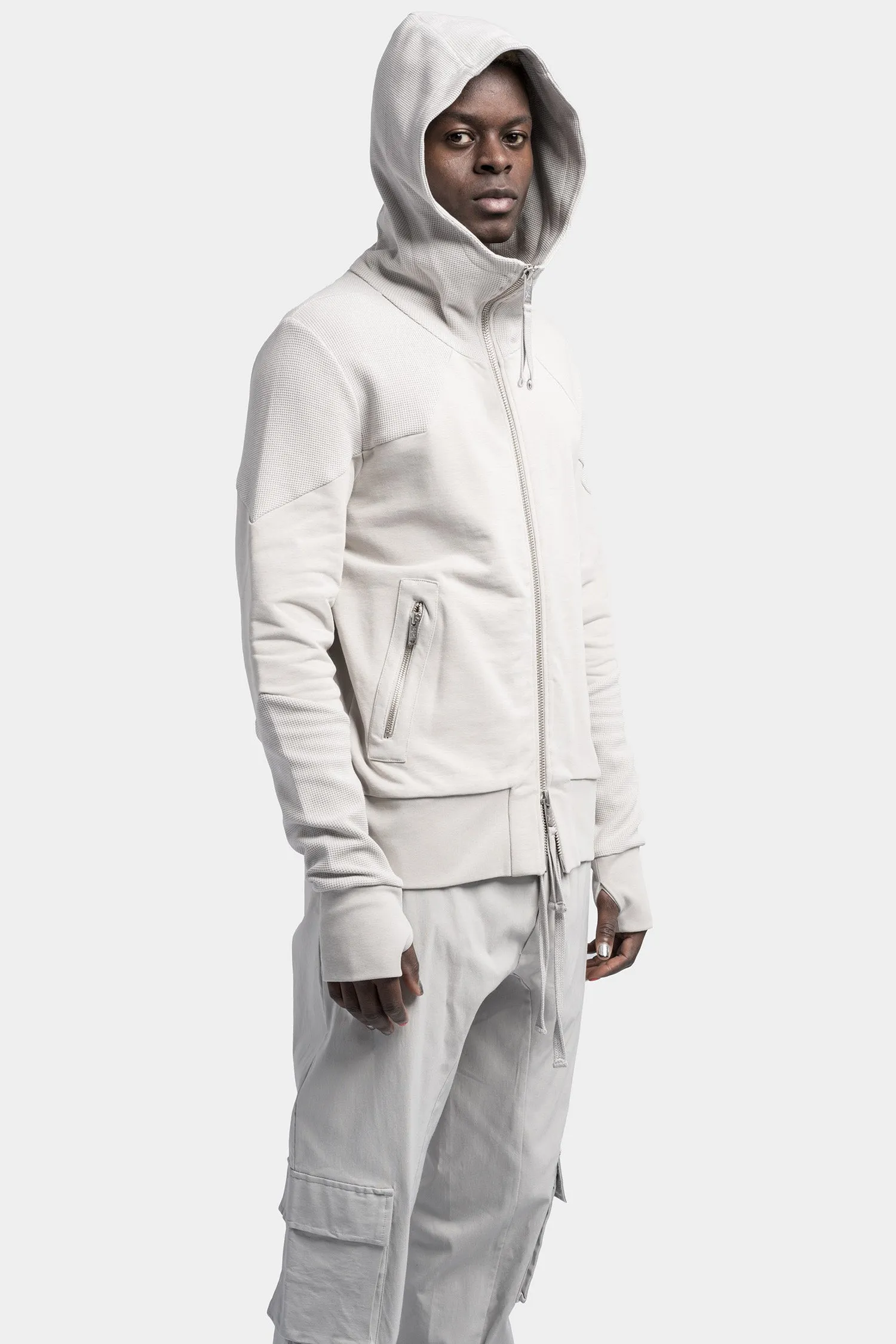 Hooded zip up contrast sweater, Silver