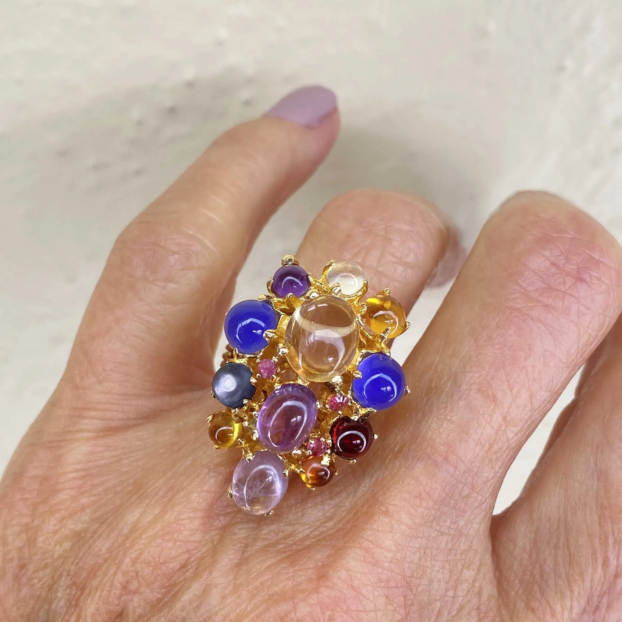 Huge 14K Gold Multi Gemstone Cabochon Ring