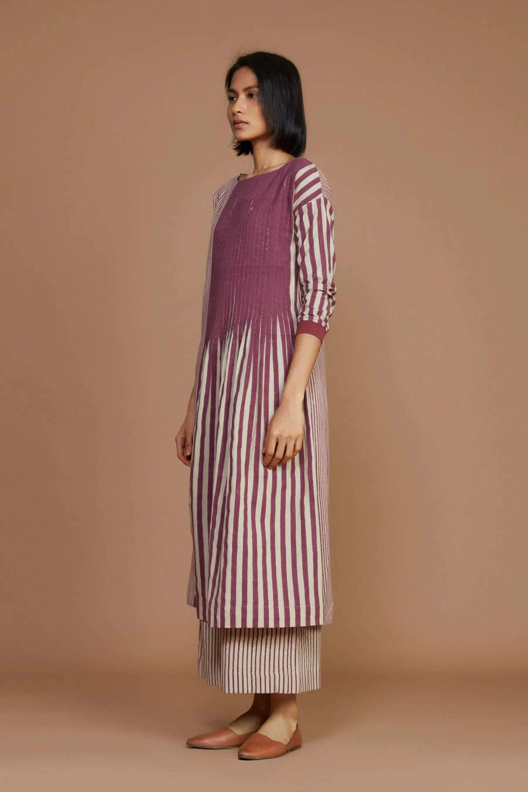 Ivory With Mauve Striped Pleated Dress (Ready to Ship)