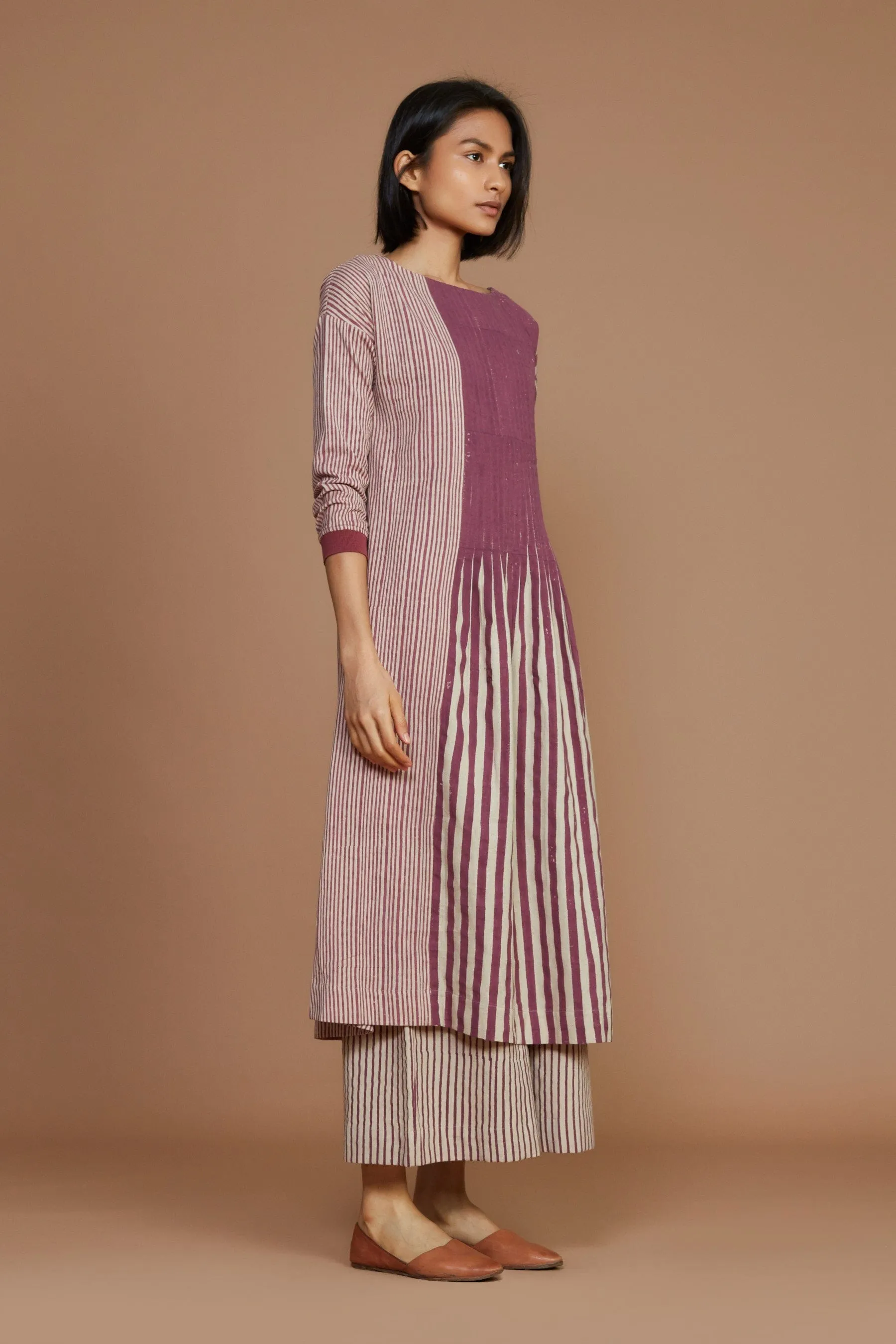 Ivory With Mauve Striped Pleated Dress (Ready to Ship)