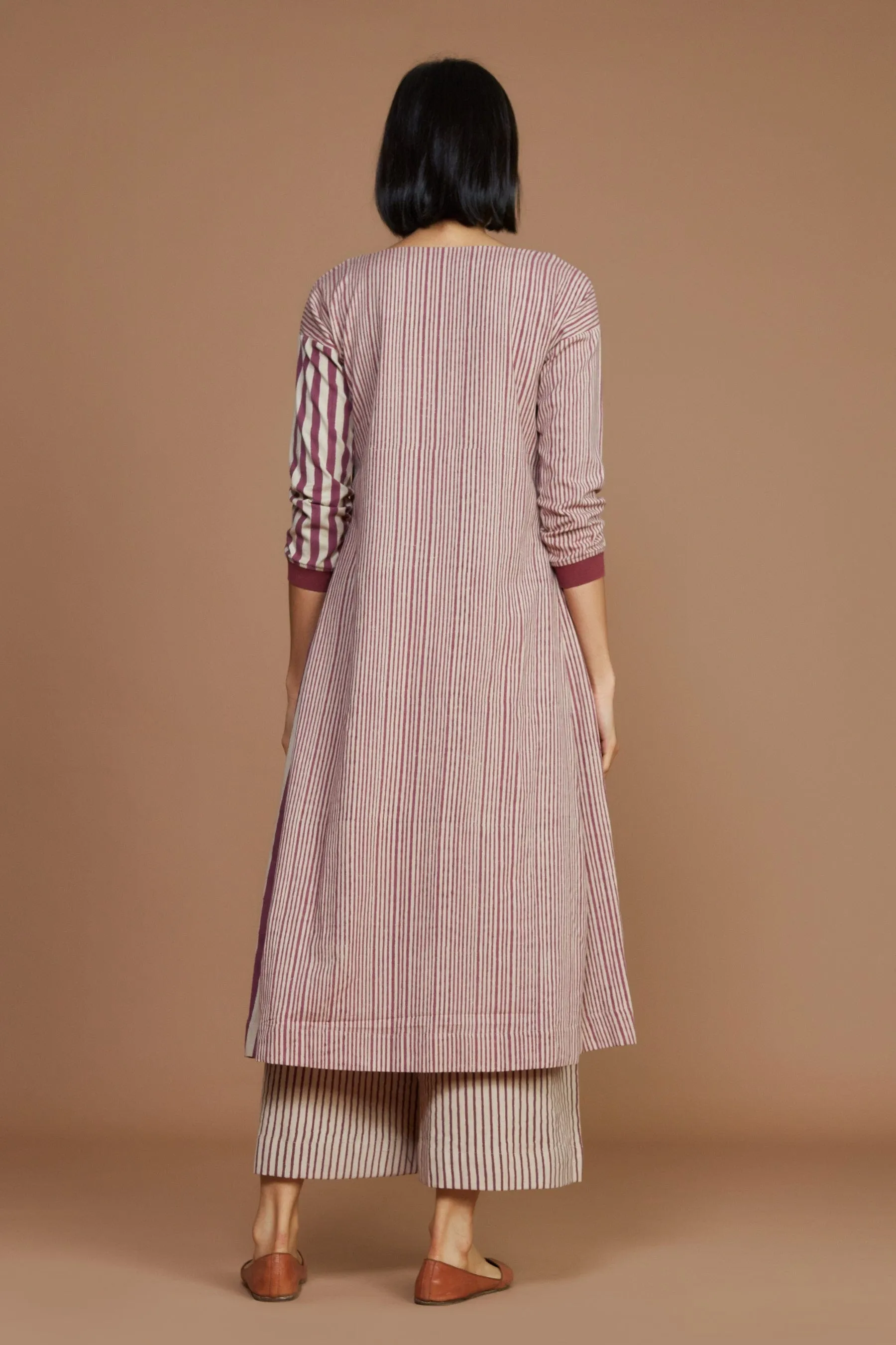 Ivory With Mauve Striped Pleated Dress (Ready to Ship)