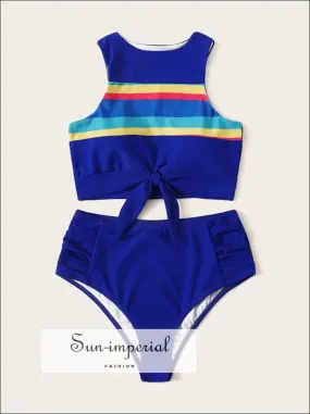 Knot front top with Dot High Waist Bikini Set - Blue Rainbow top Blue bottom