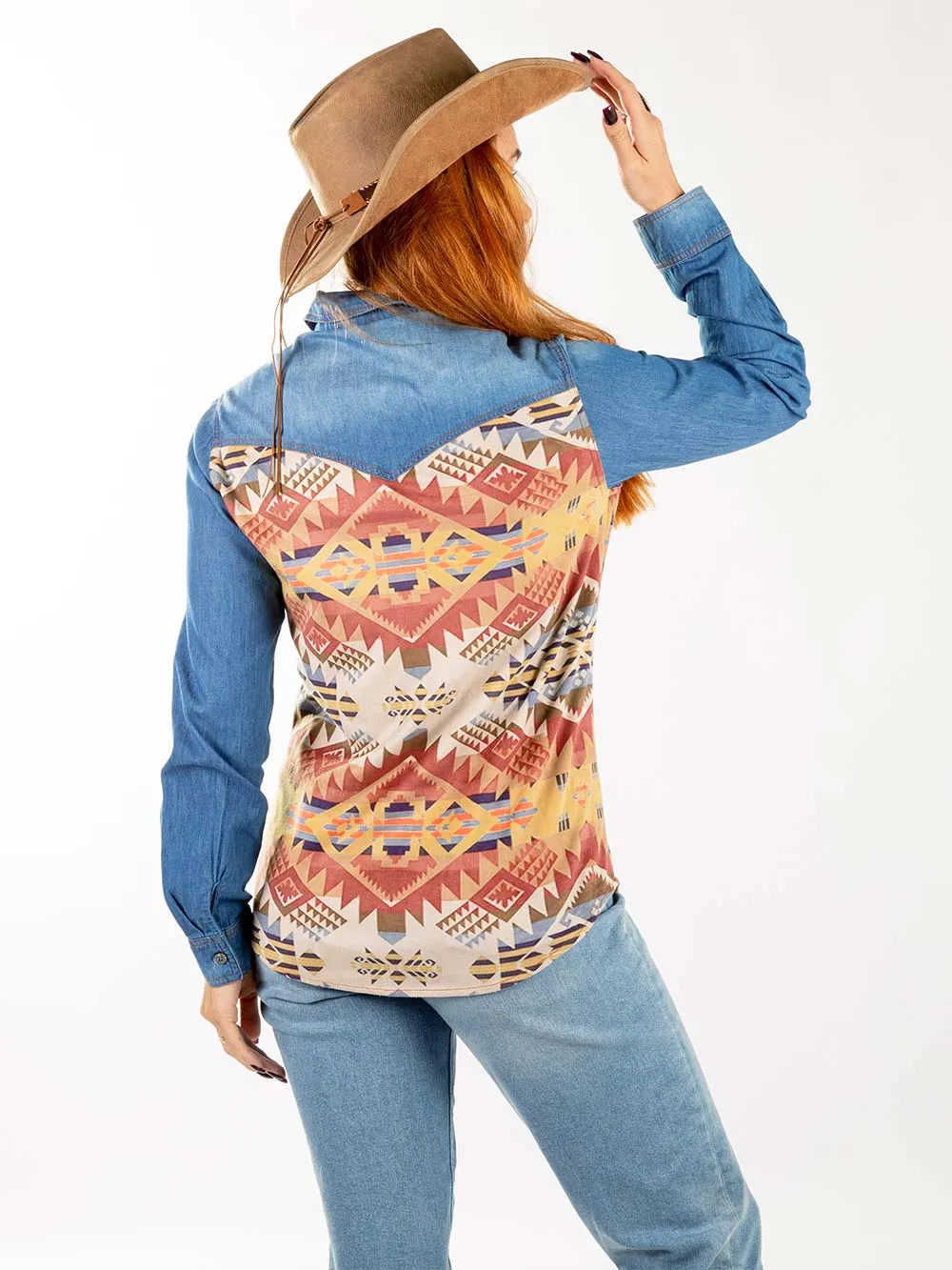 Montana West Aztec Pocket Long Sleeve Chambray Shirt